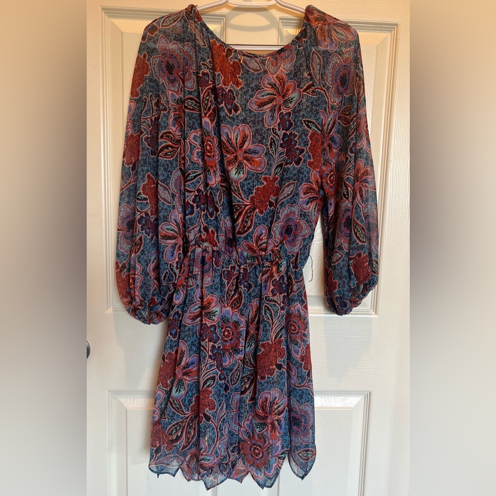 MISA Los Angeles Floral Mini Dress Sheer Boho Romantic Metallic